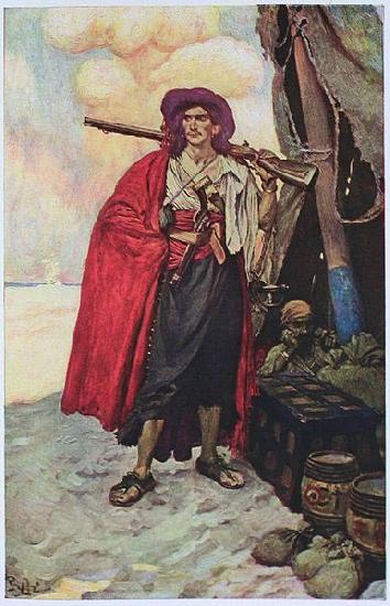 Howard Pyle The Buccaneer was a Picturesque Fellow: illustration of a pirate, dressed to the nines in piracy attire.